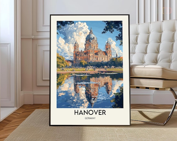 Hanover Germany Travel Poster City Hall and Maschsee Lake Waterfront
