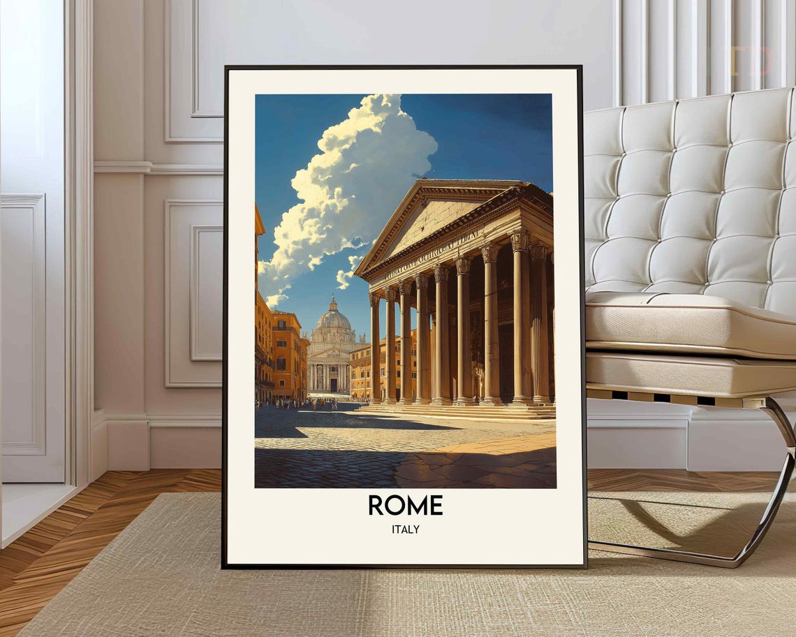 Rome Italy Pantheon Ancient Columned Temple Travel Illustration Poster