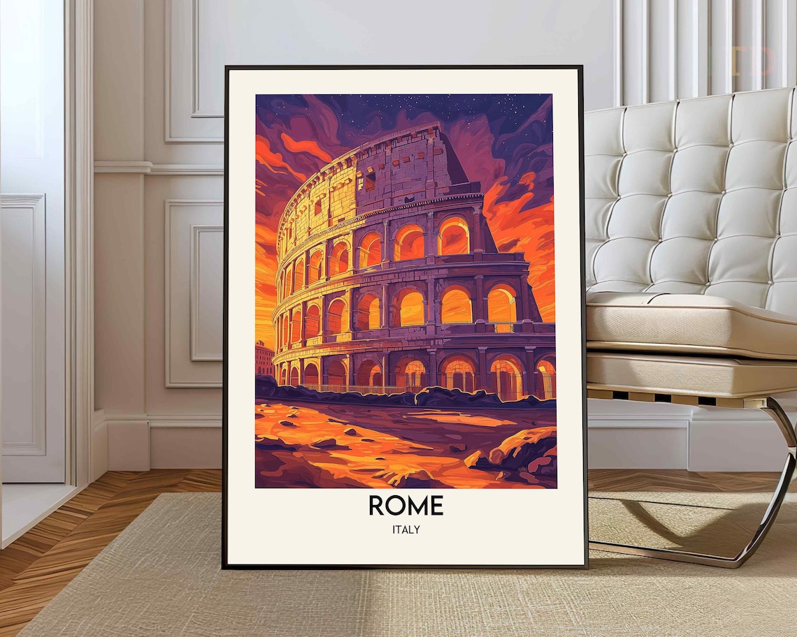 Rome Italy Colosseum Illuminated at Night Orange Dusk Glow Poster