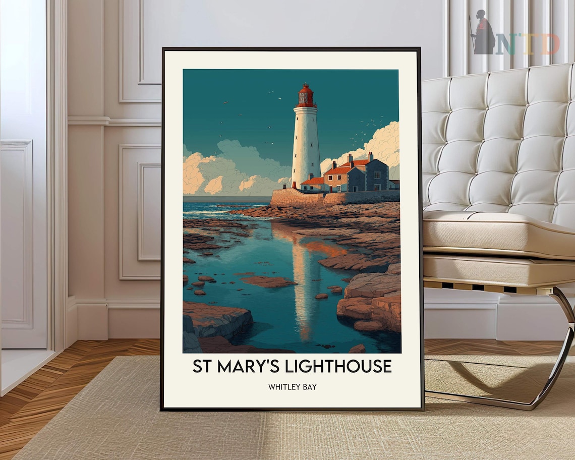 St Mary's Lighthouse Whitley Bay Rocky Shoreline Travel Poster