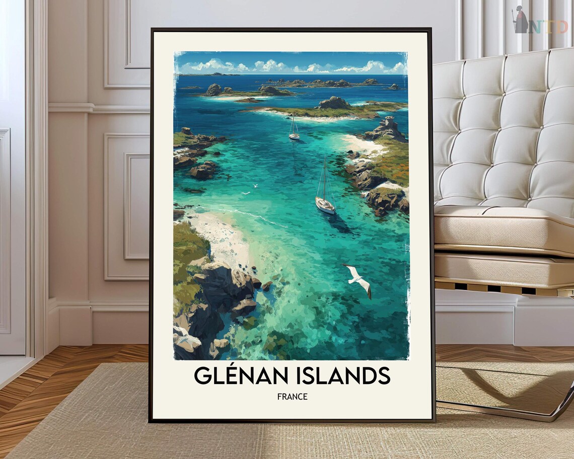 Glenan Islands France Aerial Lagoon Seagull Vintage Travel Poster