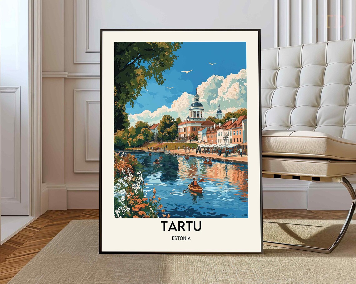 Tartu Estonia Riverside Old Town Kayaks Summer Vintage Travel Poster