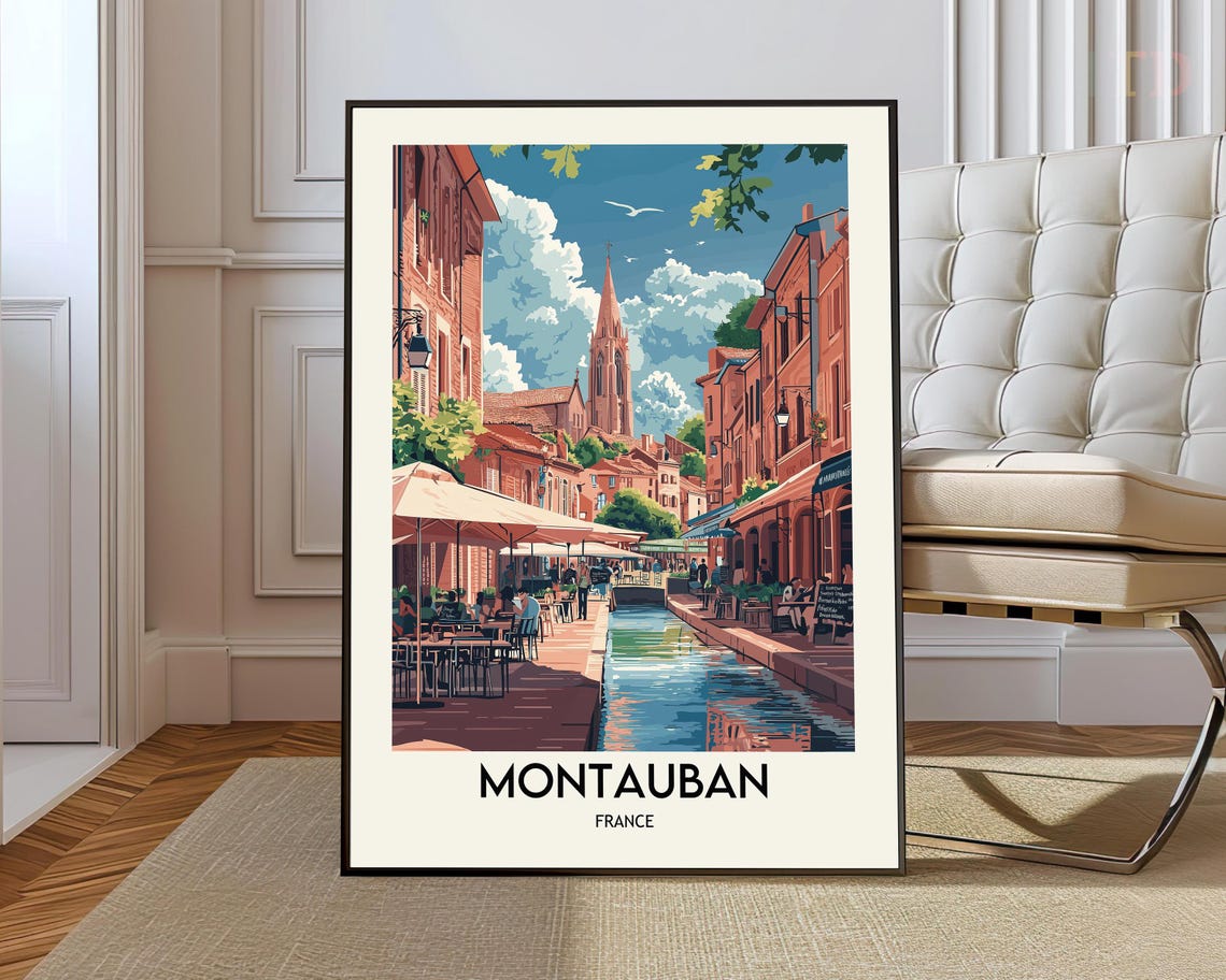 Montauban France Riverside Cafe Poster with Church Spire View Art