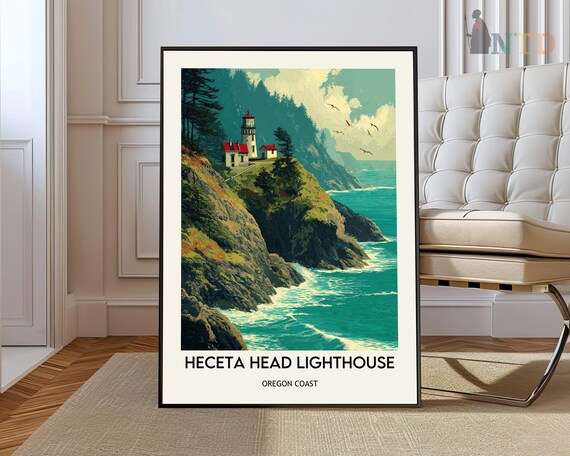 Heceta Head Lighthouse Oregon Coast Cliffs Vintage Travel Art Poster