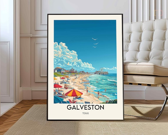 Galveston Texas Beach Pier Ferris Wheel Vintage Travel Art Poster