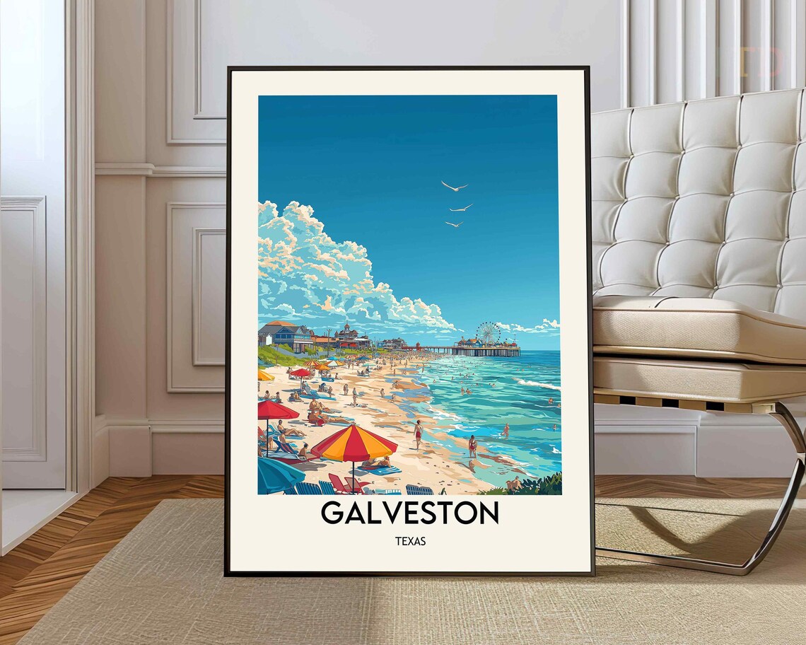 Galveston Texas Beach Pier Ferris Wheel Vintage Travel Art Poster