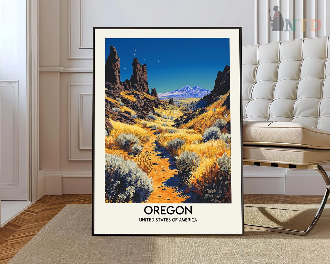 Oregon Desert Trail Distant Snow Peak Golden Sagebrush Travel Poster