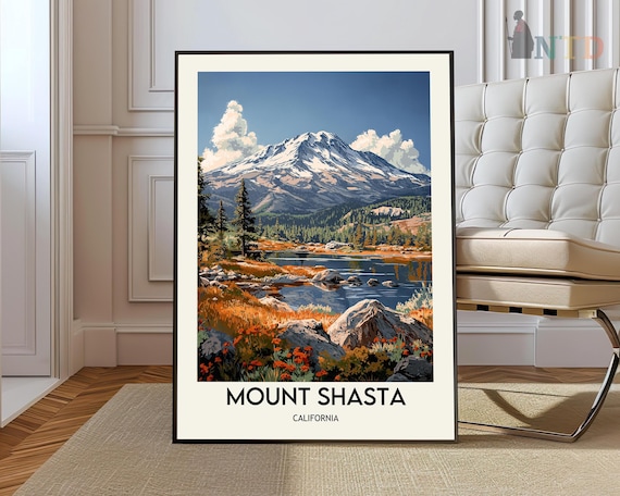 Mount Shasta California Alpine Lake Pine Forest Vintage Travel Poster