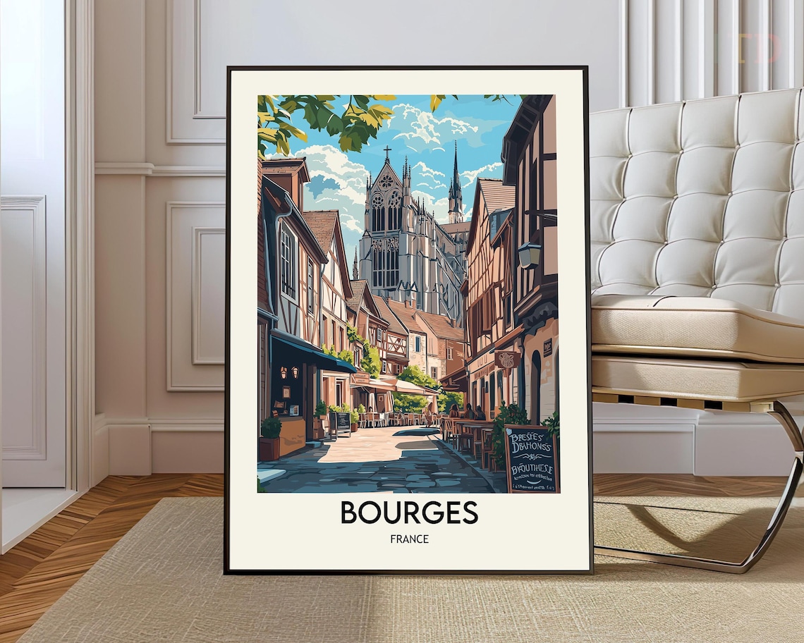 Bourges Saint-Etienne Cathedral and Old Town Street Poster France