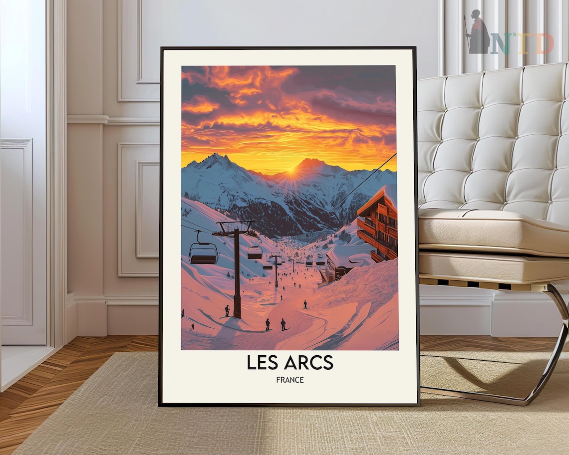 Les Arcs France Ski Resort Sunset With Chairlifts Travel Poster