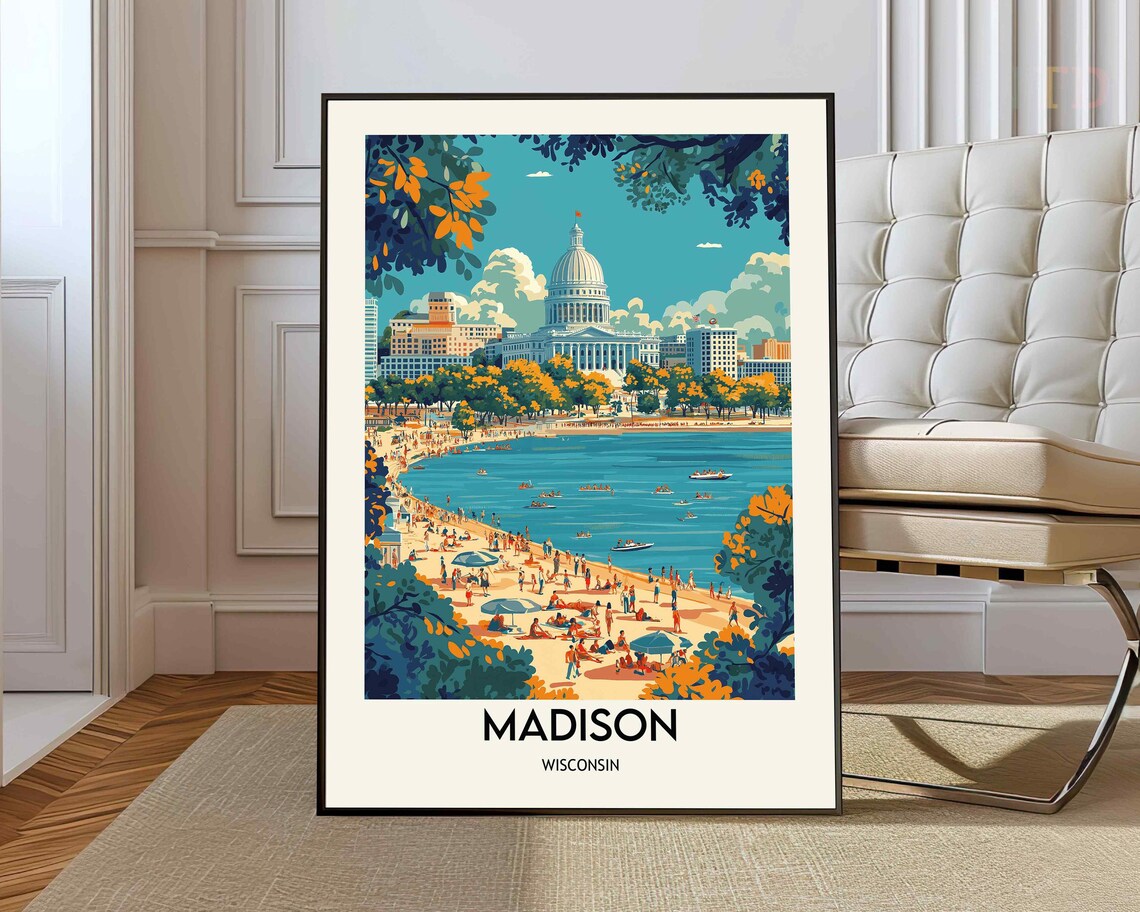 Madison Wisconsin Capitol Lake Monona Summer Beach Day Travel Poster