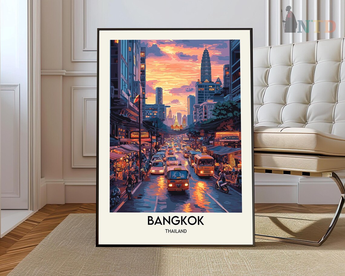 Bangkok Neon Street Night with Tuk Tuks Temple Scene Travel Poster