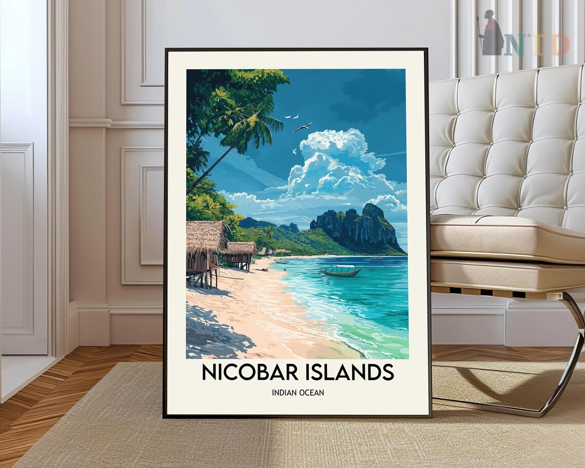 Nicobar Islands Indian Ocean Palm Beach Shoreline Travel Poster