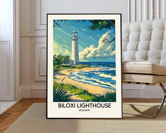 Biloxi Lighthouse Mississippi Beach Waves Cloudy Sky Travel Poster