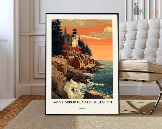 Bass Harbor Head Light Station Maine Sunset Cliffside Ocean Vintage Poster