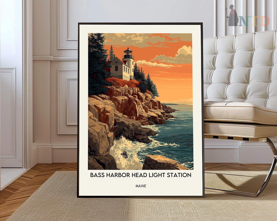 Bass Harbor Head Light Station Maine Sunset Cliffside Ocean Vintage Poster