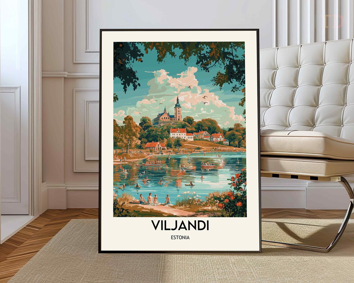 Viljandi Estonia Lakeside Castle Summer Lake View Travel Poster