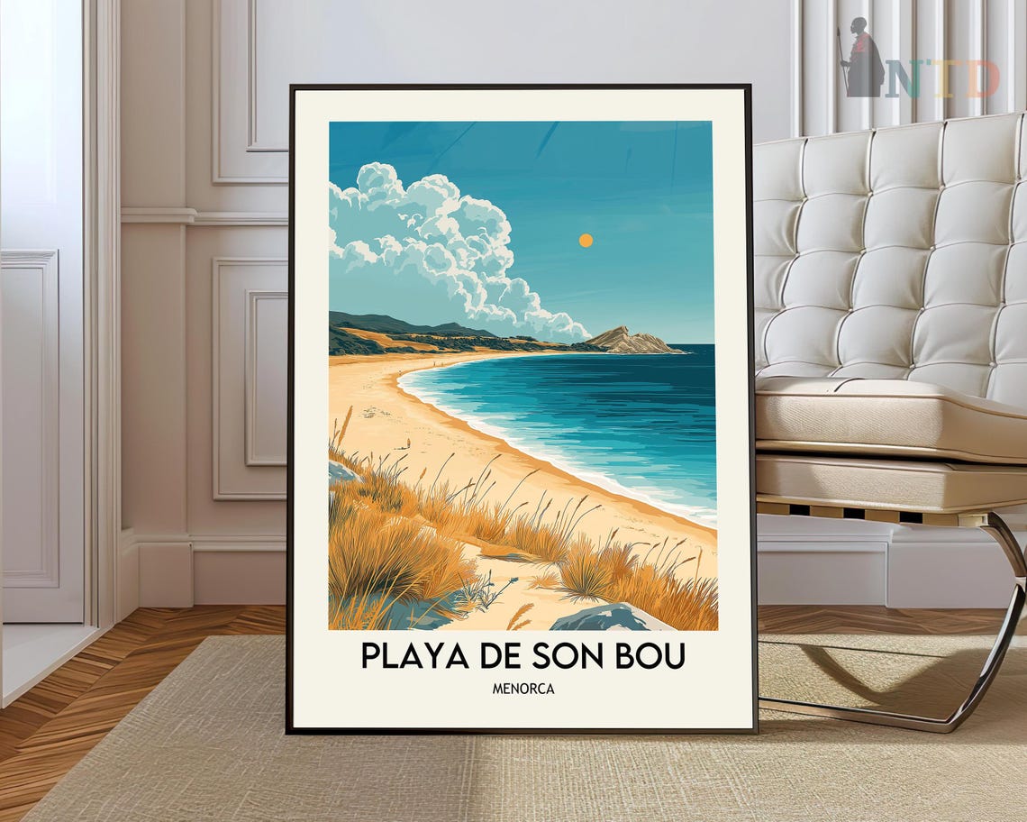 Playa De Son Bou Menorca Golden Dunes Vintage Beach Travel Poster