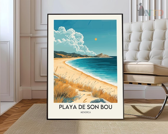 Playa De Son Bou Menorca Golden Dunes Vintage Beach Travel Poster