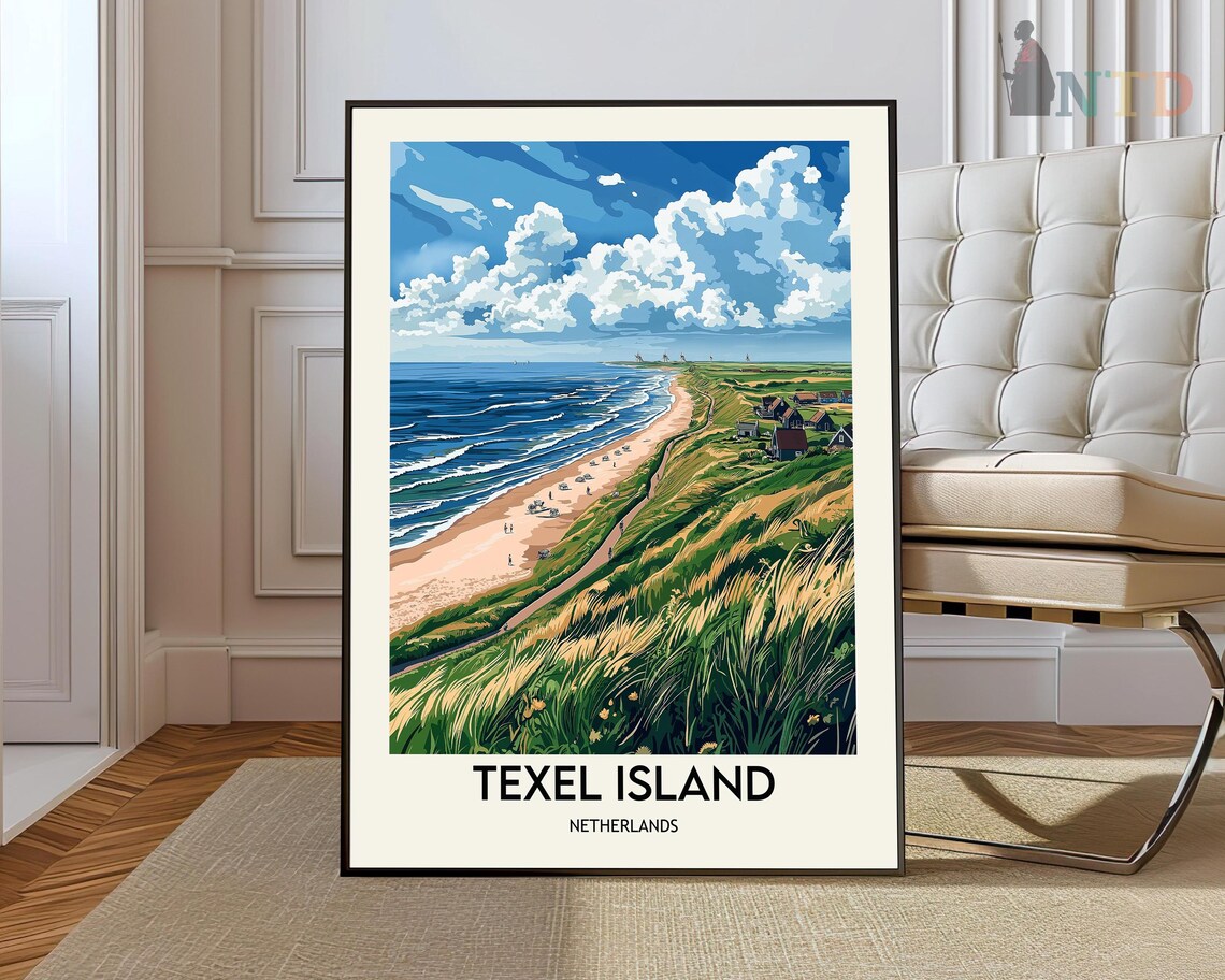 Texel Island Netherlands Vintage Travel Poster Dune Beach Coast Art