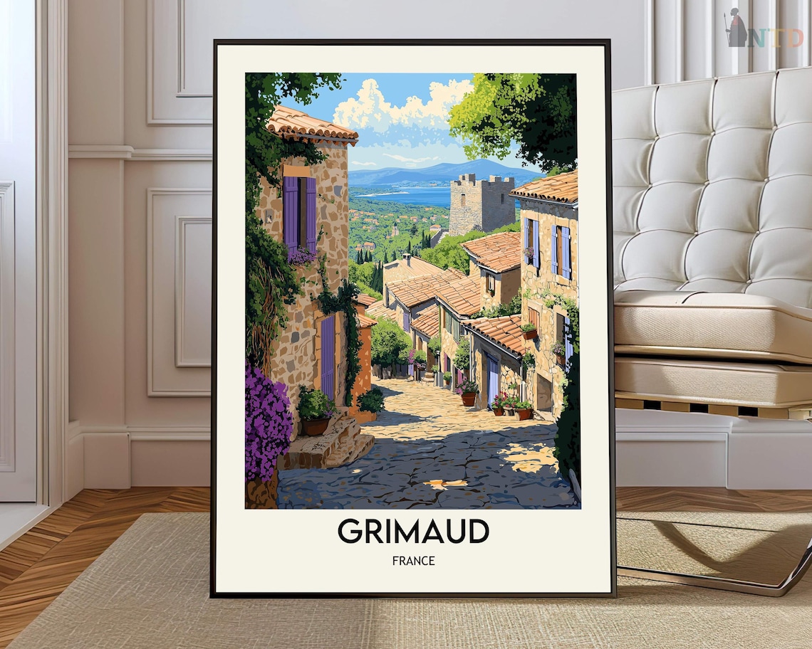 Grimaud France Riviera Stone Village Street Vintage Travel Poster