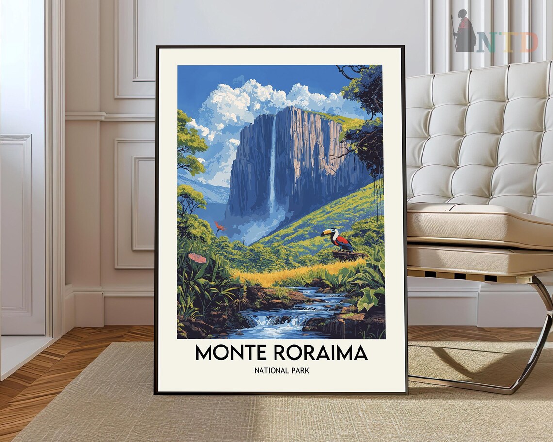 Monte Roraima National Park Tepui Waterfall Toucan Jungle Travel Poster