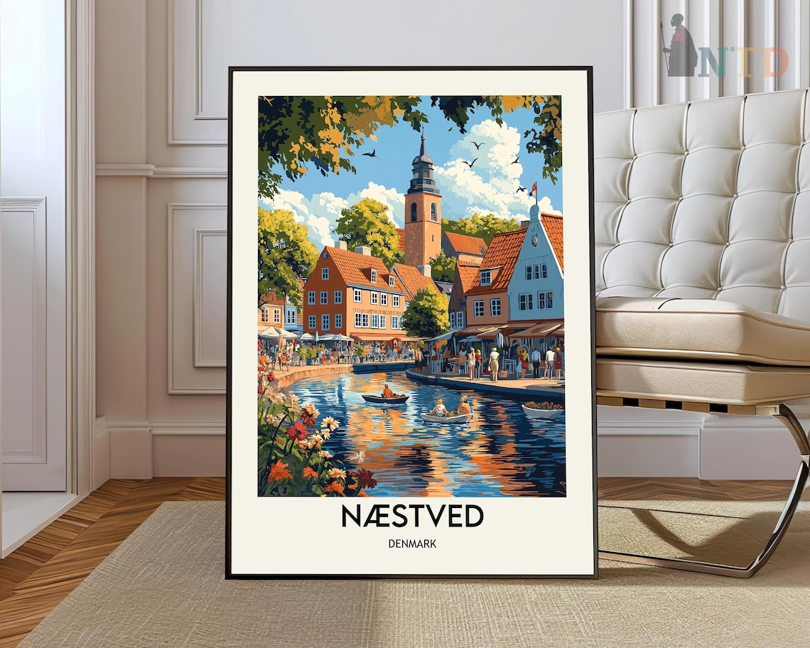 Naestved Denmark Canal Travel Poster with Boats and Waterfront
