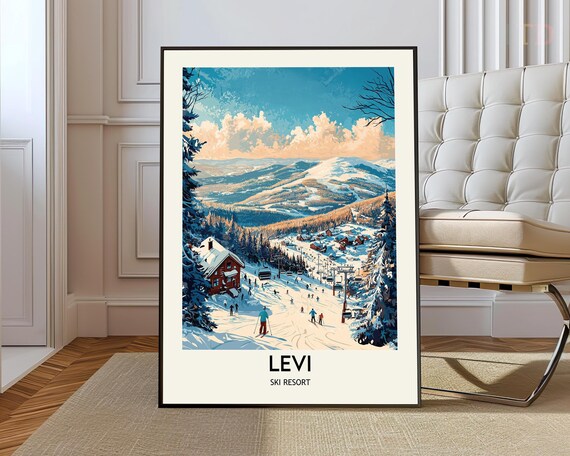 Levi Ski Resort Snowy Slopes and Chalets Finland Travel Poster