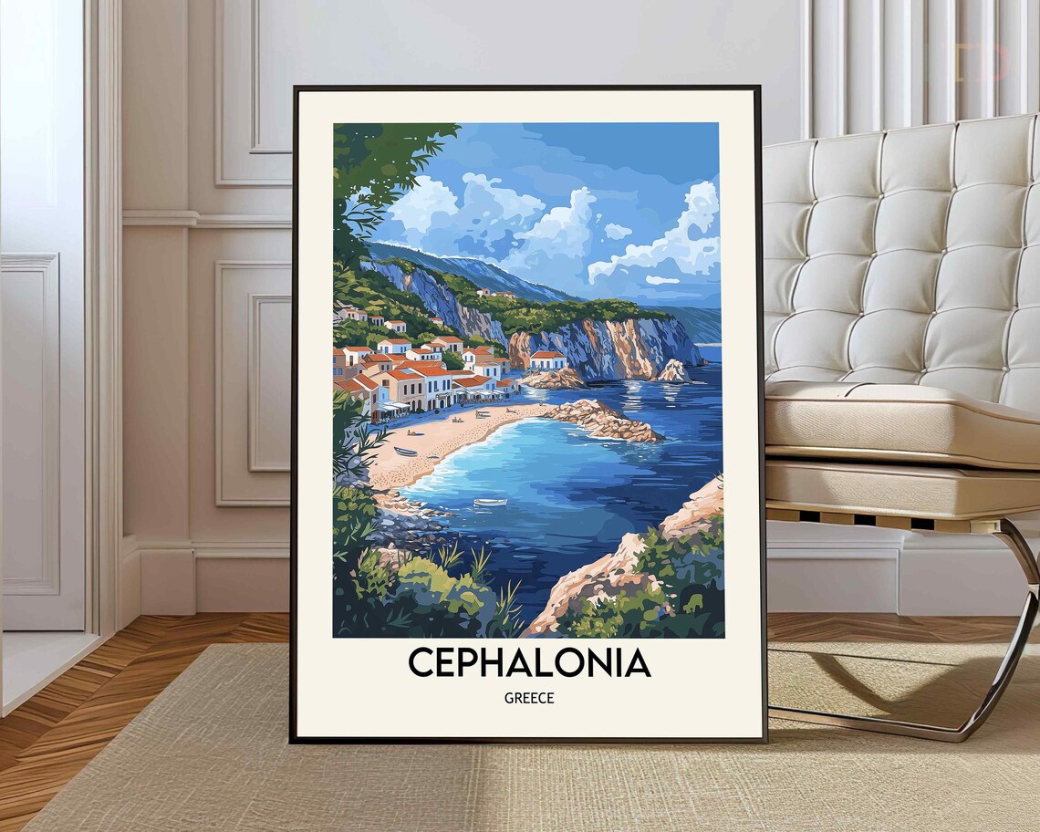 Cephalonia Greece Coastal Village Beach Vintage Travel Poster