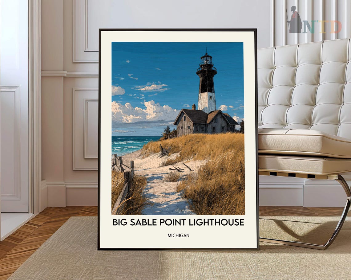 Big Sable Point Lighthouse Michigan Blue Sky Dunes Vintage Poster