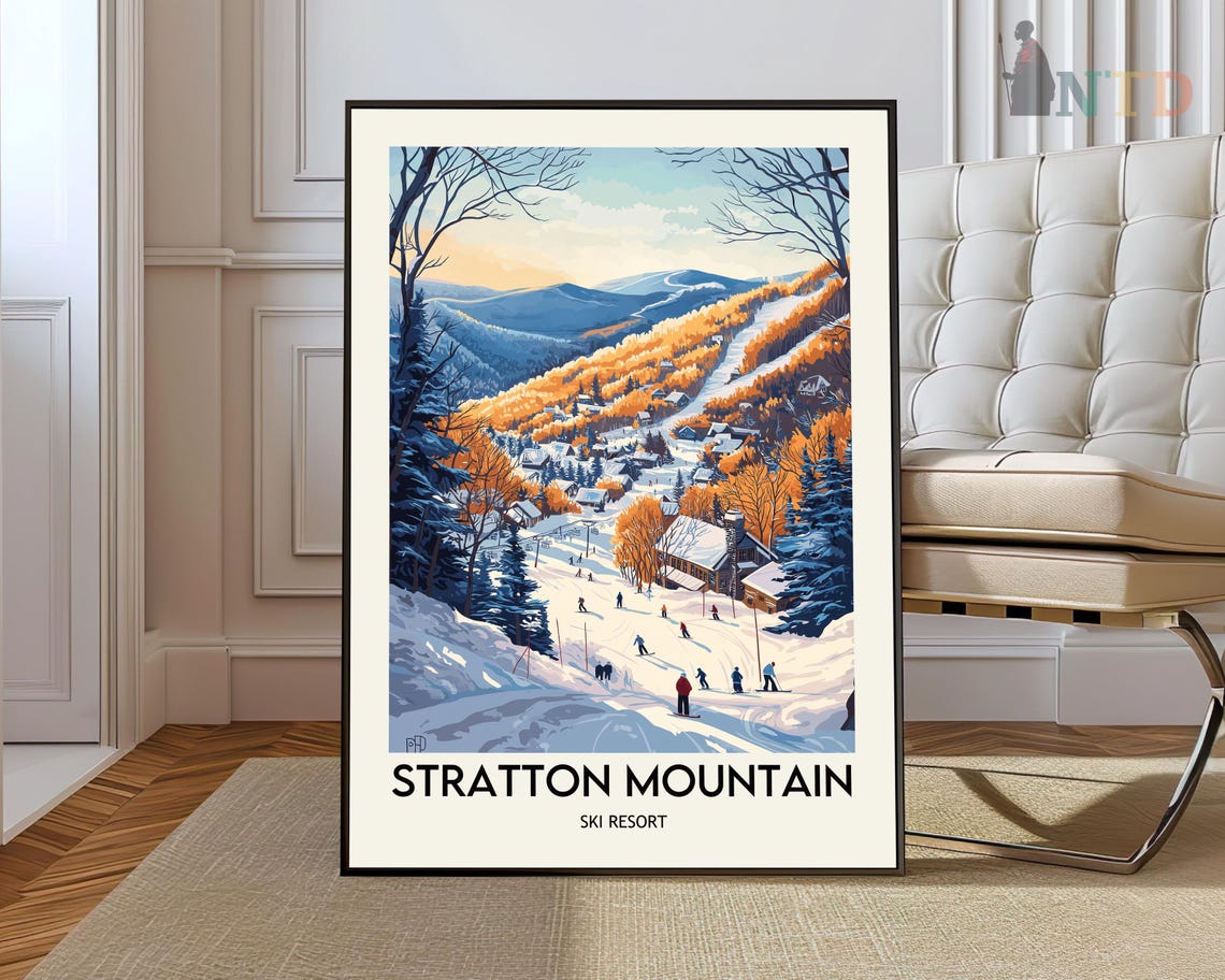 Stratton Mountain Ski Resort Autumn Snow Vintage Ski Scene Poster