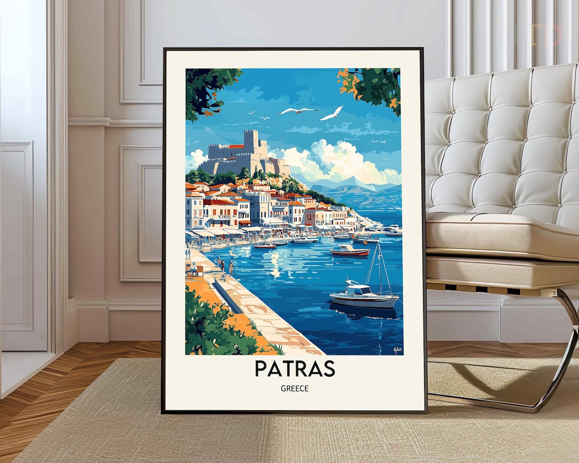 Patras Greece Castle Hill Waterfront Harbor Illustrated Travel Poster