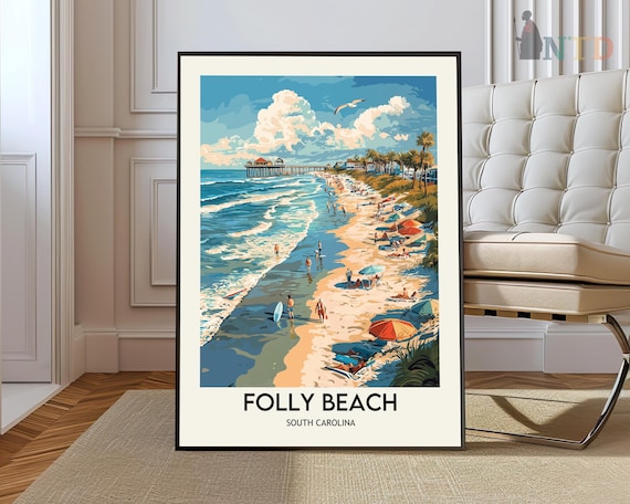 Folly Beach South Carolina Surf Pier Retro Vintage Travel Poster