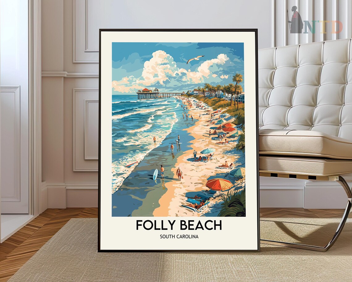 Folly Beach South Carolina Surf Pier Retro Vintage Travel Poster