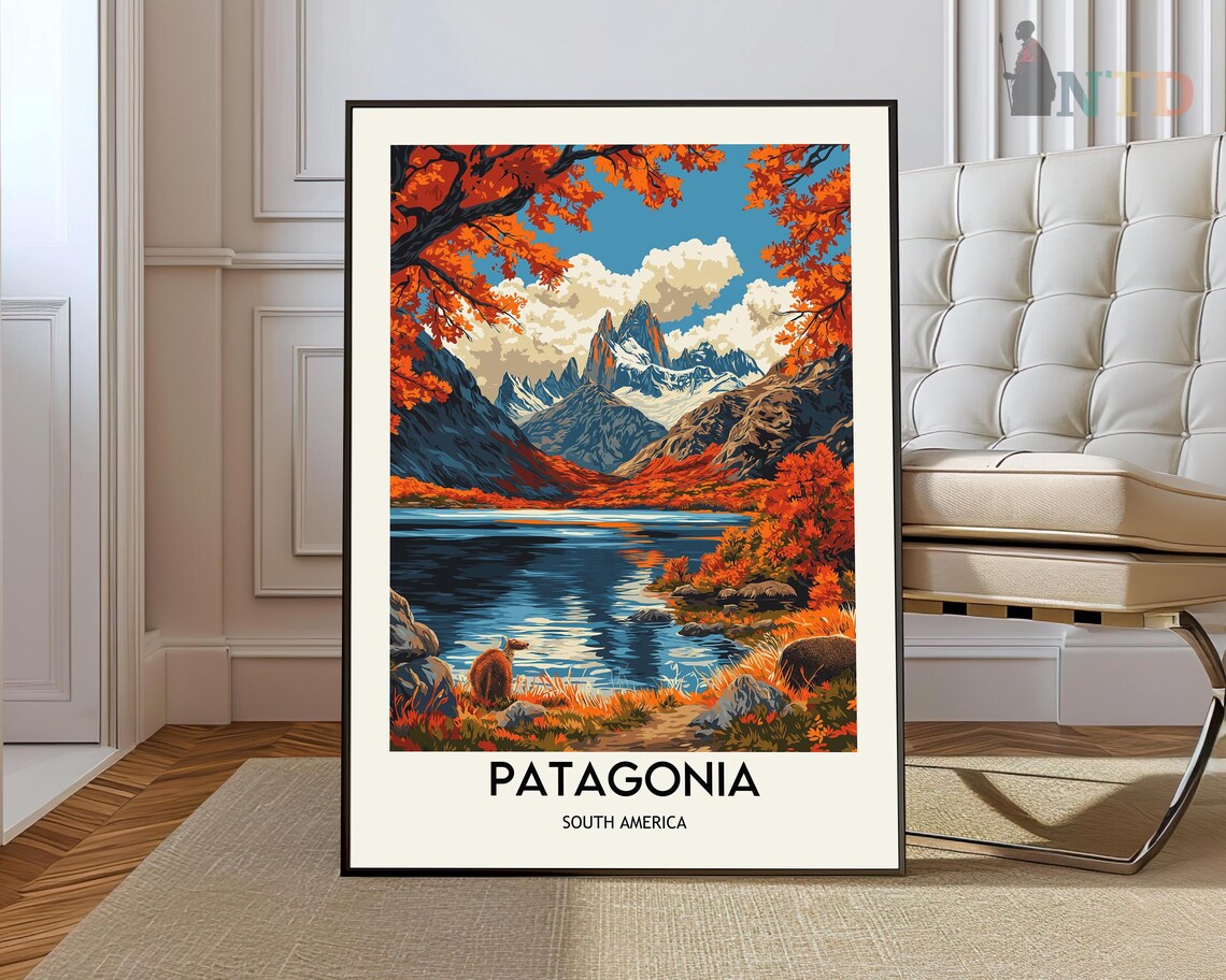 Patagonia Autumn Mountains Lake Retro Illustrated Travel Poster