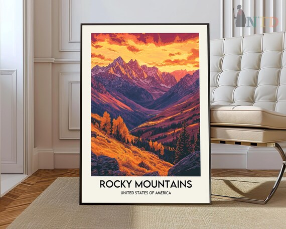 Rocky Mountains Fiery Sunset Peaks Purple Orange Alpine Travel Poster