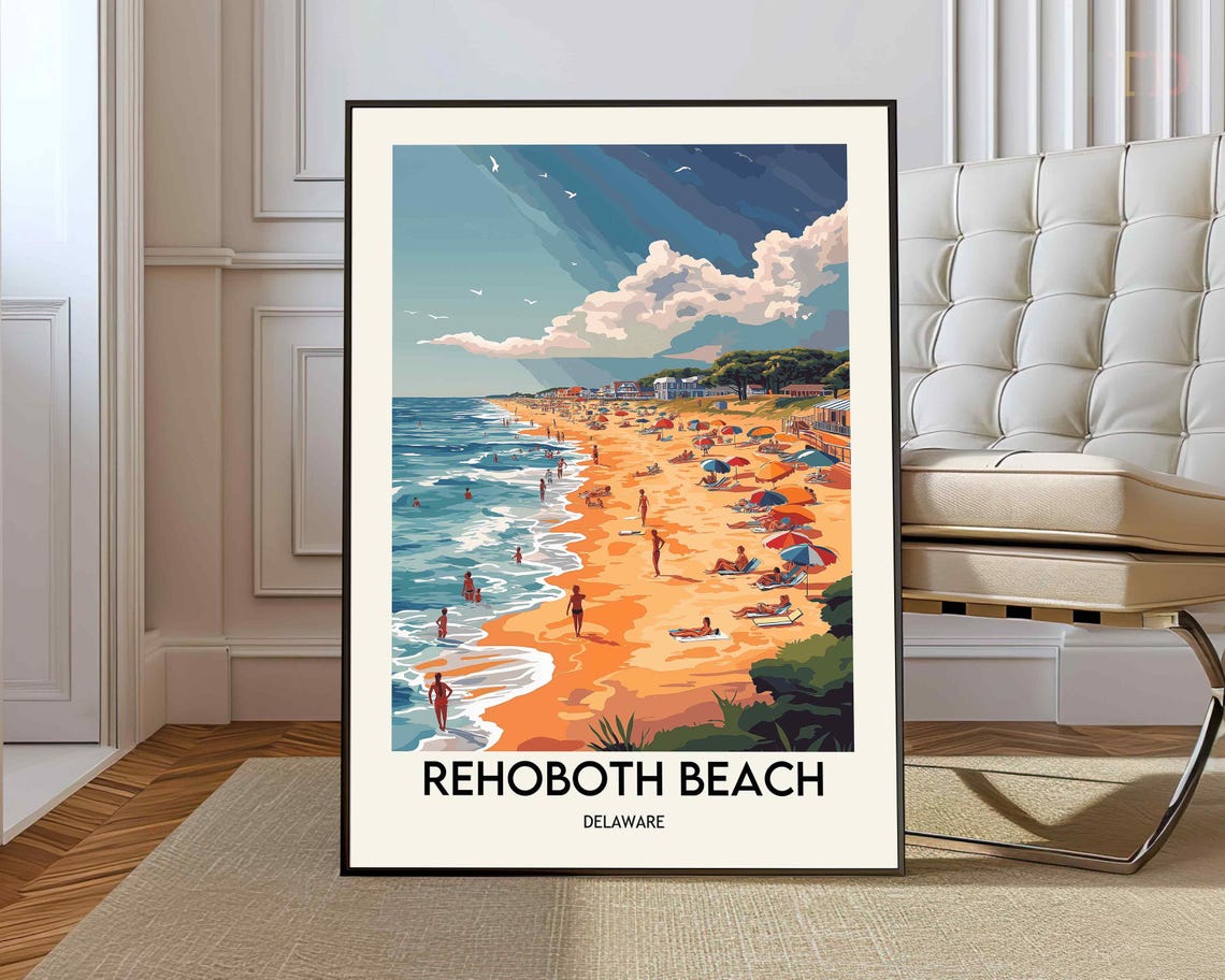 Rehoboth Beach Delaware Aerial Shoreline Vintage Travel Poster
