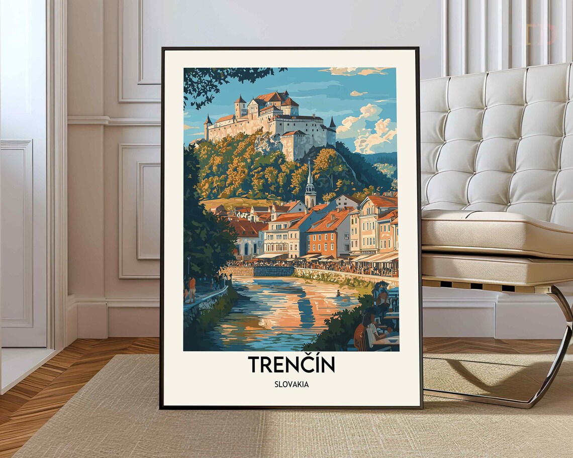 Trencin Slovakia Castle Hill River Town Vintage Travel Poster
