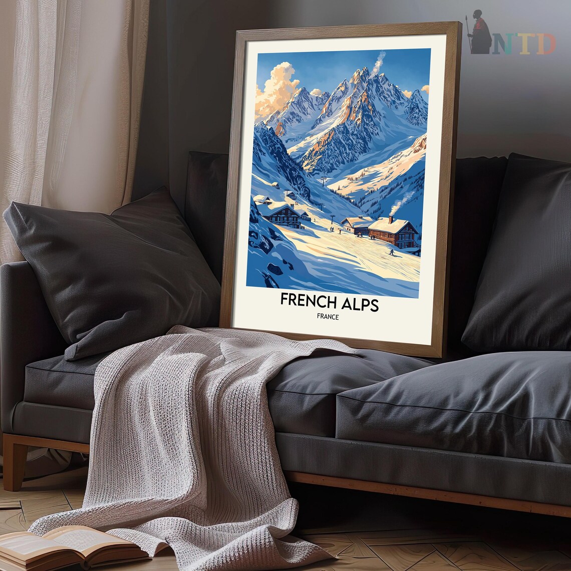 French Alps Winter Ski Village Snow Peaks Vintage Travel Poster - Image 3