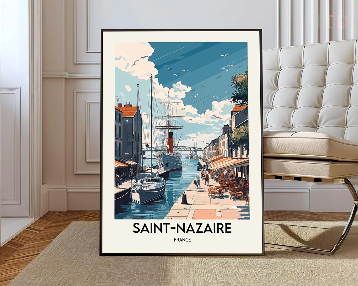 Saint Nazaire France Travel Poster Harbor Ships Quay Cafes Sea Scene