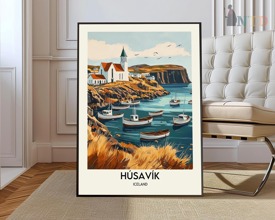 Husavik Iceland Harbor Boats Church Cliffs Whales Travel Poster