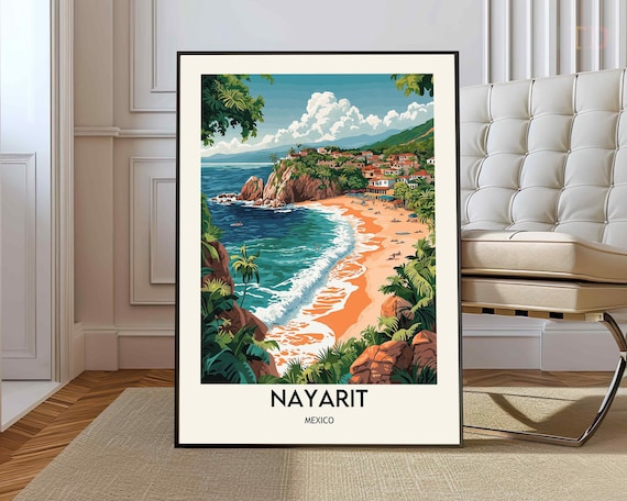 Nayarit Mexico Sunny Beach Cove Retro Travel Pacific Coast Poster