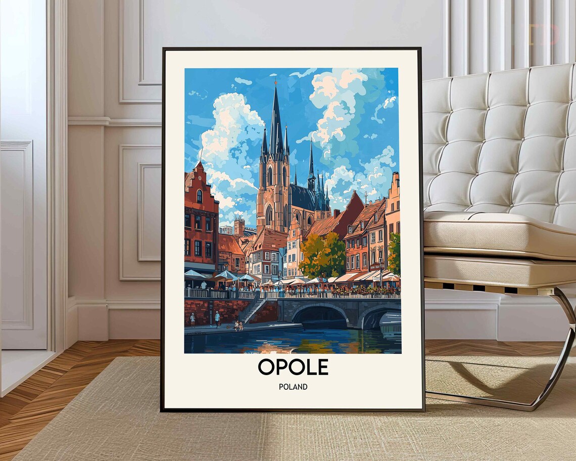 Opole Poland Cathedral Riverside Bridge Vintage Travel Poster