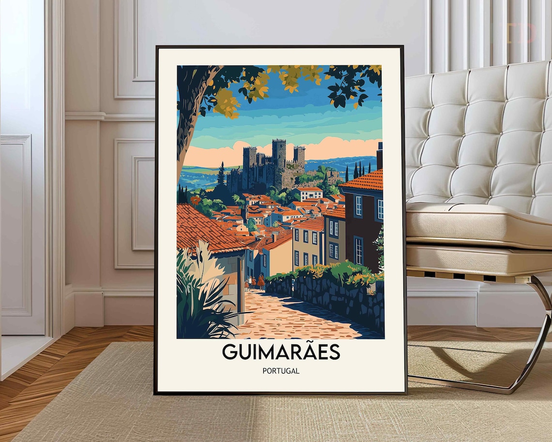 Guimaraes Portugal Castle Old Town Vintage Illustrated Travel Poster