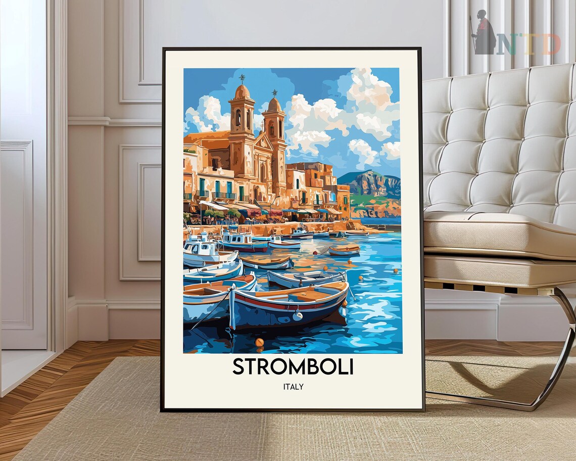 Stromboli Italy Harbor Church Towers Fishing Boats Travel Poster