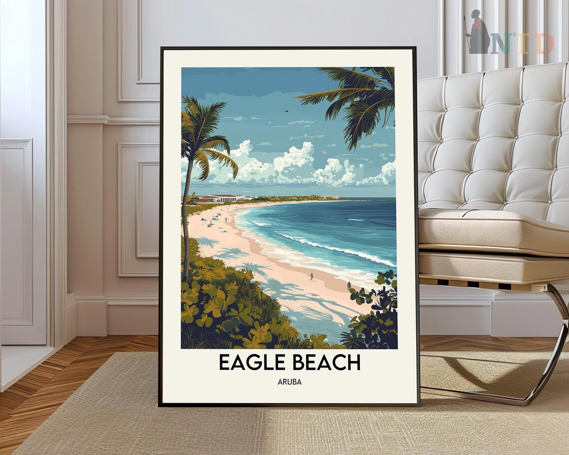 Eagle Beach Aruba Vintage Caribbean Travel Illustration Poster