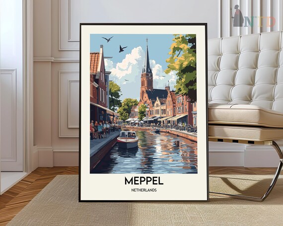 Meppel Netherlands Canal Boat Church Tower Vintage Travel Art Poster