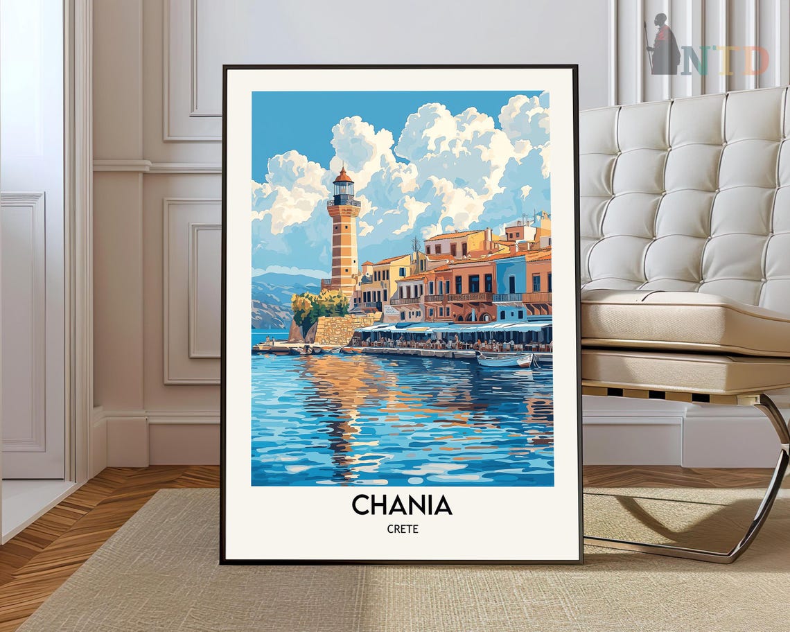 Chania Crete Lighthouse Old Harbor Sunlight Vintage Travel Poster