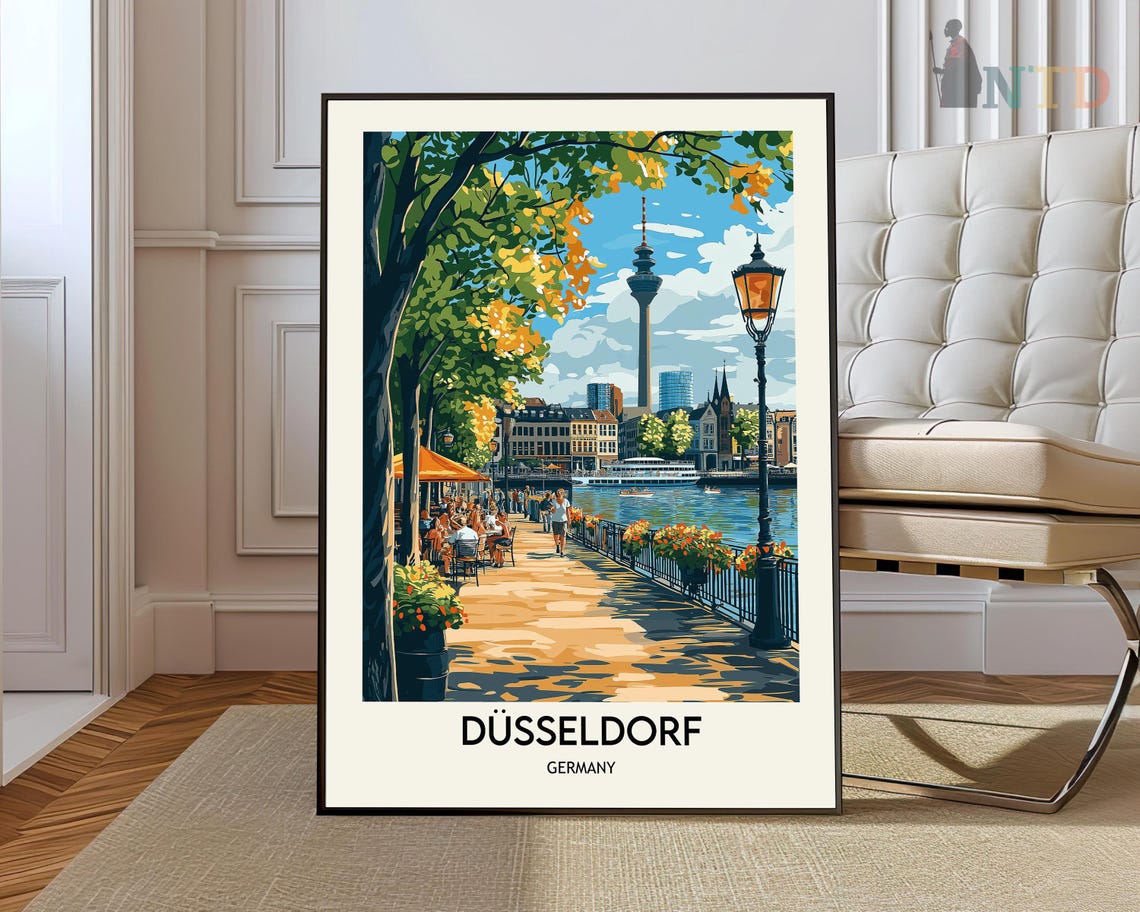 Dusseldorf Germany Rhine Promenade Cafes Summer Travel Poster