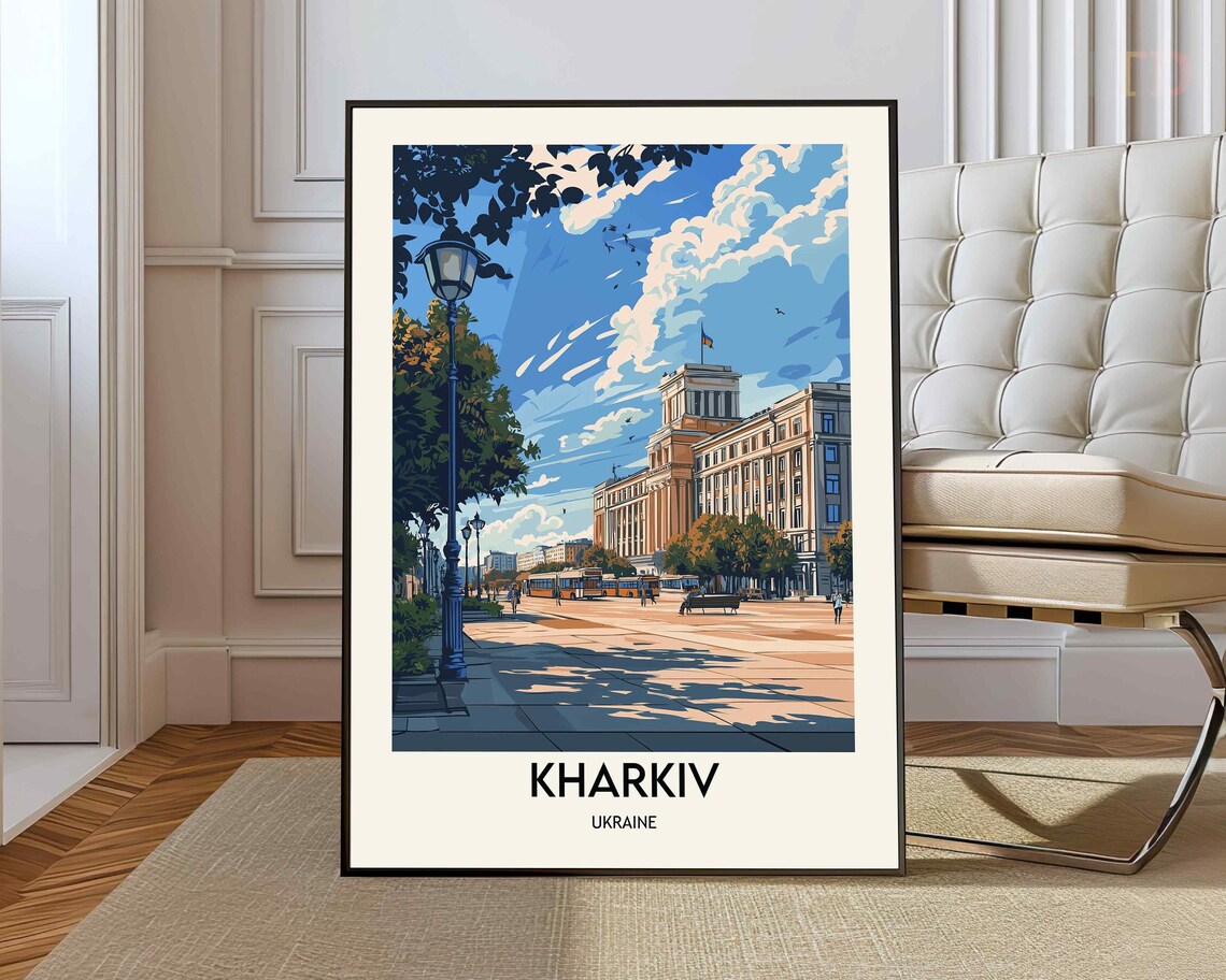 Kharkiv Freedom Square Cityscape Ukraine Vintage Travel Poster